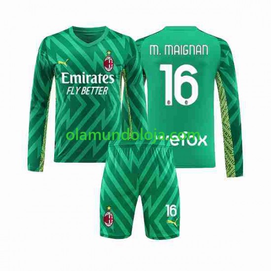 Camisola AC Milan Mike Maignan 16 Guarda-redes Criança Equipamento Primeiro 2023-2024 Manga Comprida